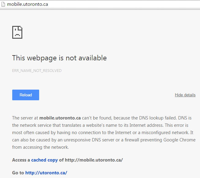 A screenshot shows the University of Toronto's mobile site is down after the cyber attack