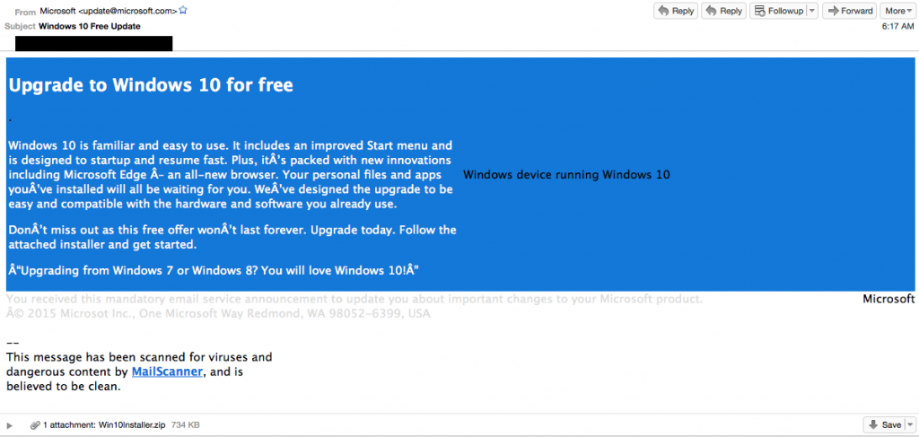 Microsoft Windows 10 Upgrade Spoofed Email Message