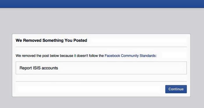 Screenshot shows Facebook removed Report ISIS accounts group / Image Source: Counter Current News