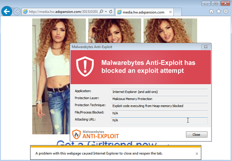 Screenshot shows Adxpansion ads are infected / Image Source: Malwarebytes