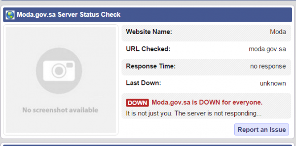 The website service status checker shows the Saudi Ministry of Defense website is down