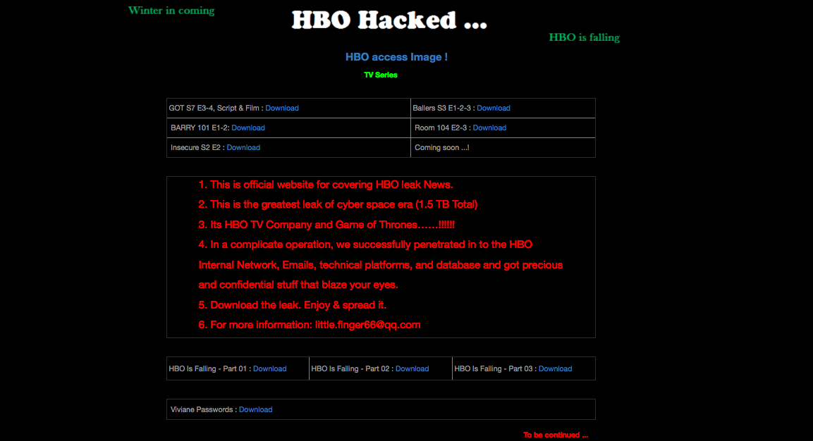 HBO hackers upload Games of Thrones episodes & other data on their site