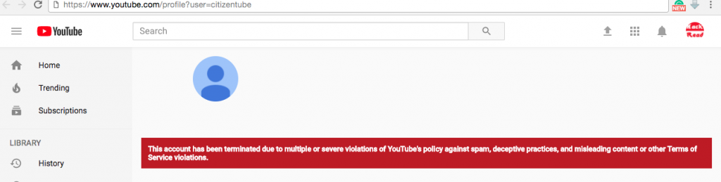 YouTube terminates its own channel "Citizentube" for "multiple or severe" violations