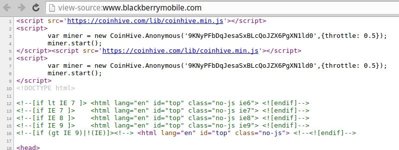 Official BlackBerry Mobile site caught using Coinhive to mine Monero