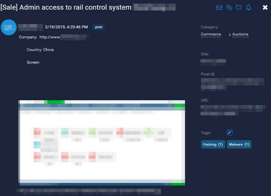 Dark web hacker selling admin access to a Chinese railway company