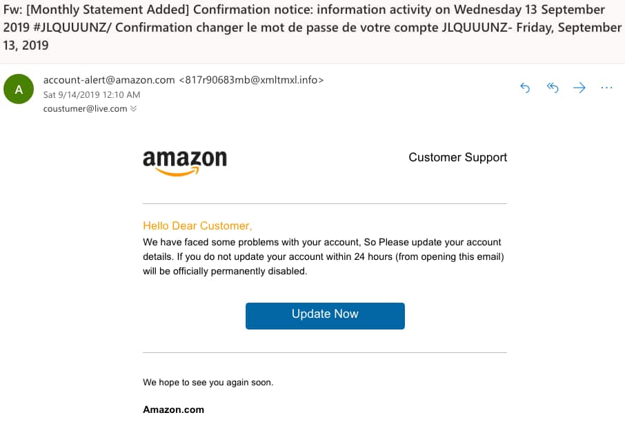 Amazon "account disabled" phishing scam stealing credit card data