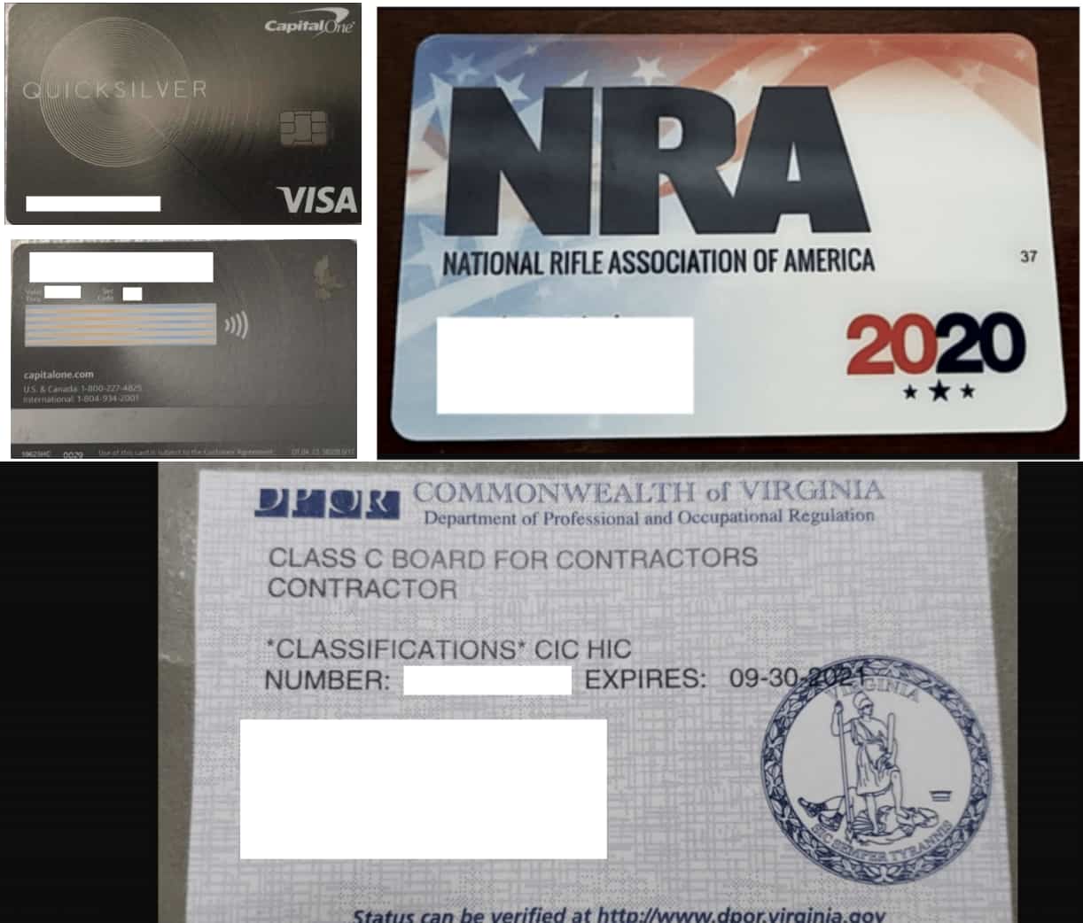 1: Credit card 2: NRA membership cards 3: Govt ID card. 