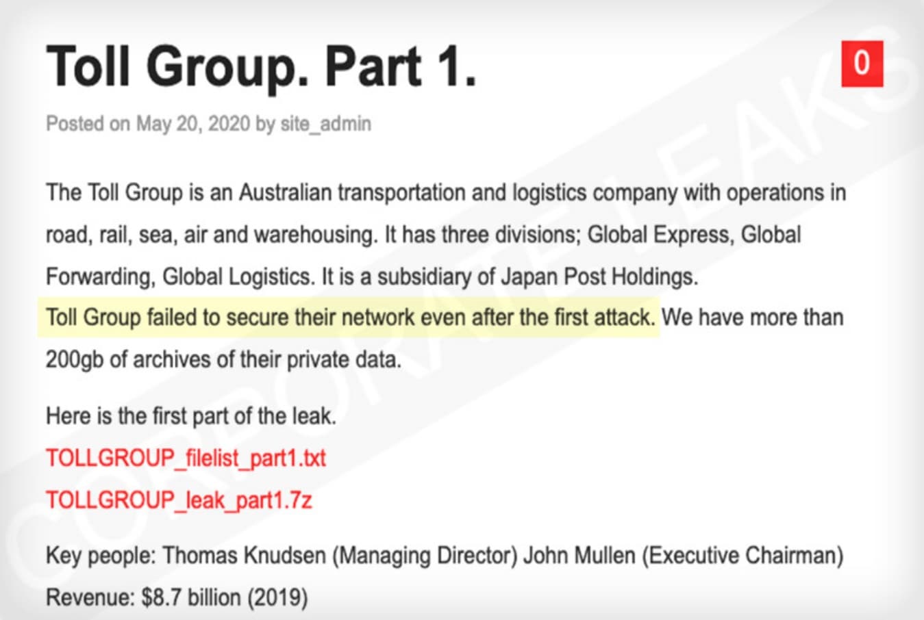 Dark Web hackers publish 200GB of Toll Group’s stolen corporate data