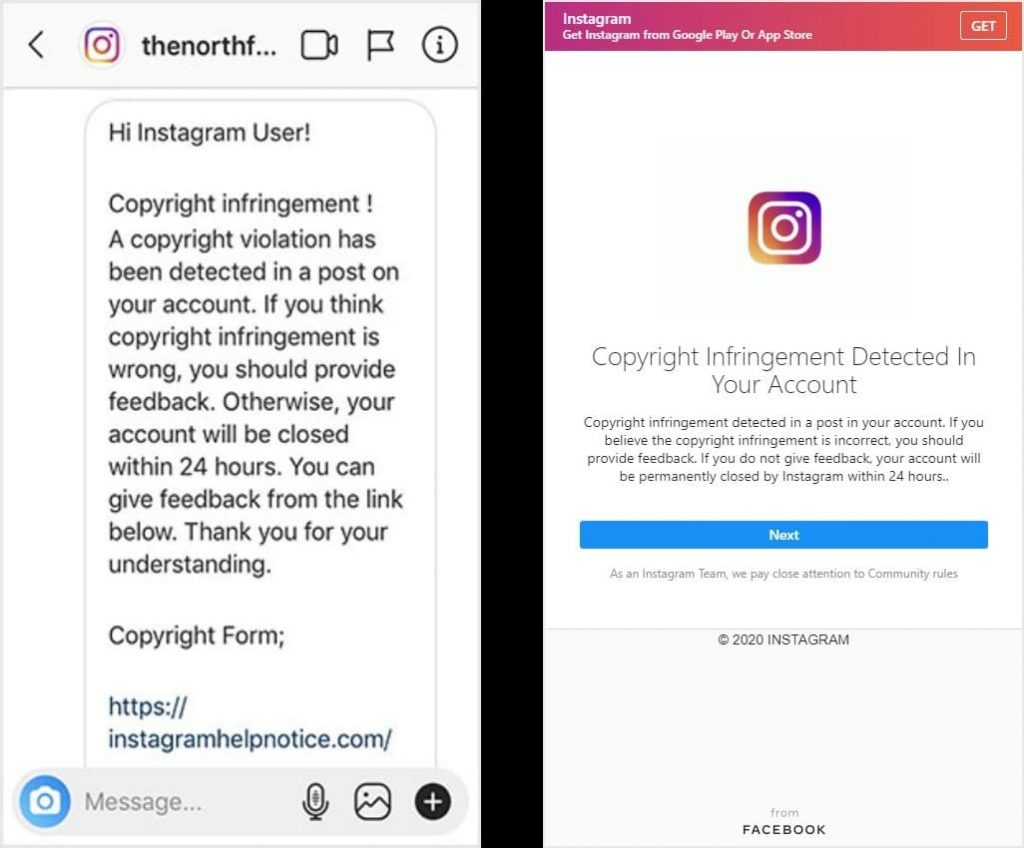 Verified Instagram account running copyright infringement phishing scam