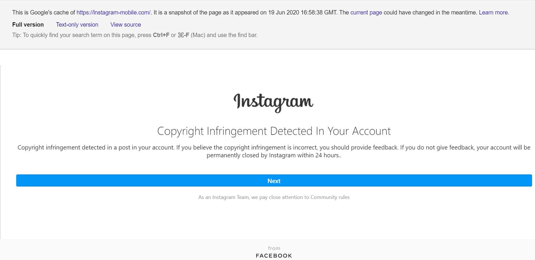 Verified Instagram Account Running Copyright Infringement Phishing