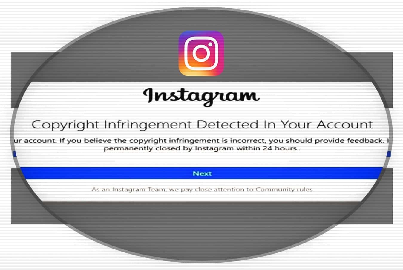 Verified Instagram account running copyright infringement phishing scam