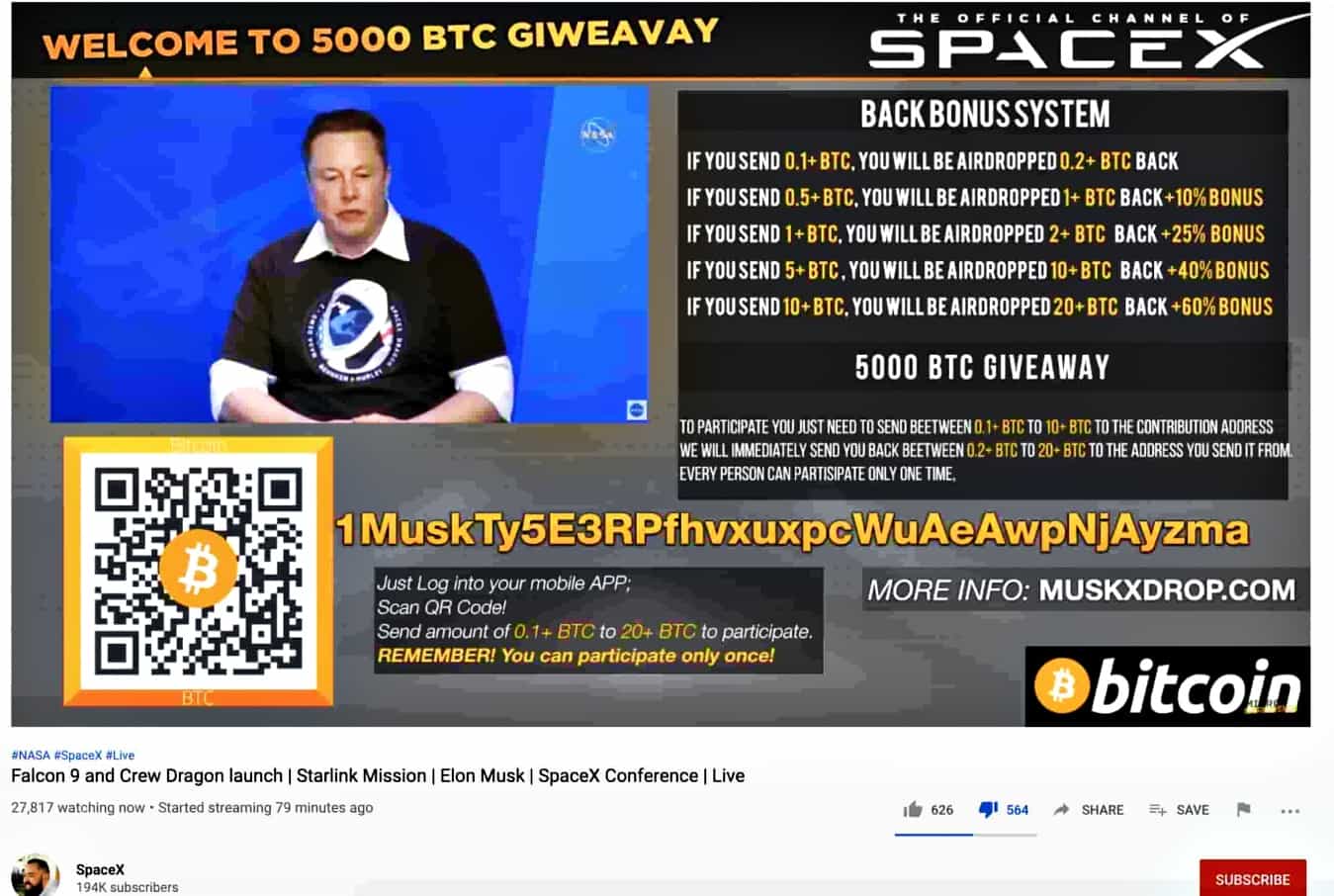 YouTube scammers impersonated Elon Musk, SpaceX; stole $150k in BTC