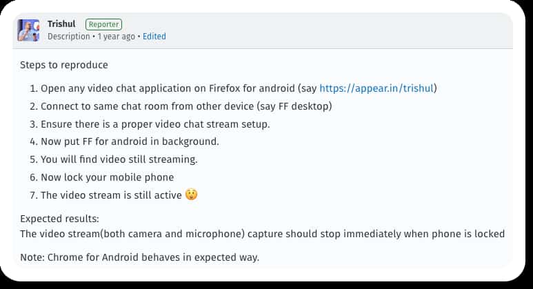 Camera privacy bug identified last year on Firefox Android hasn't been fixed yet