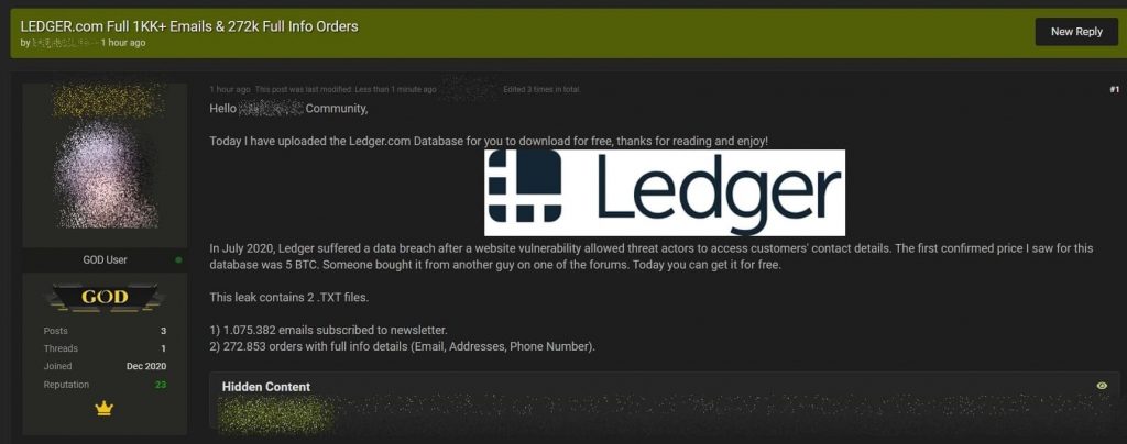 Ledger data breach: Hacker leaks stolen database on hacking forum