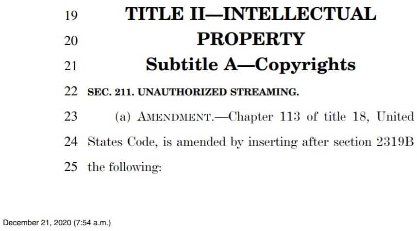US COVID-19 relief bill to make copyrighted content streaming a felony