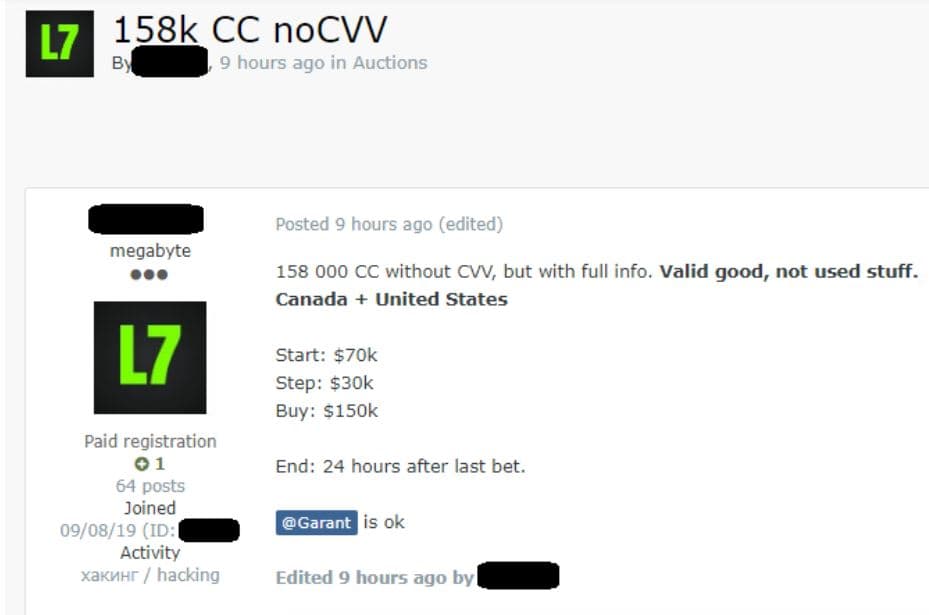 Threat actor selling credit cards data of 158,000 Canadian, US citizens