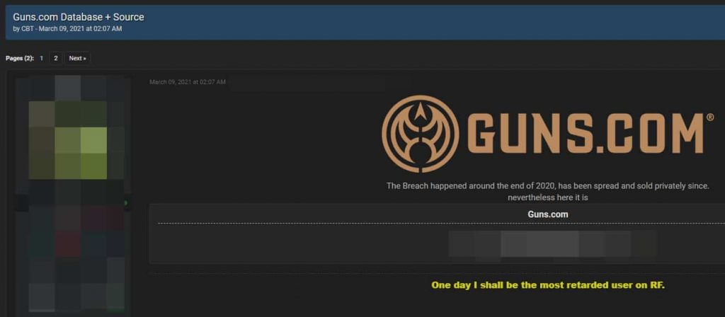 Guns.com hacked database leaked on hacker forum