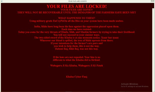 Sarbloh ransomware aims at supporting Indian Farmers' Protest