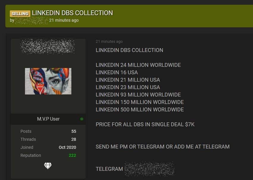 2 scrapped LinkedIn databases with 500m records each sold online