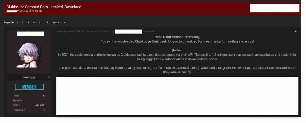 Scraped data of 1.3 million Clubhouse data users published online