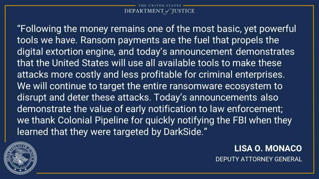 FBI recovers millions in ransom from DarkSide ransomware gang