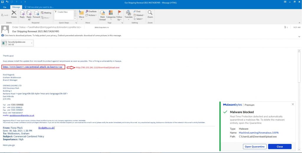 Email claiming Kaseya patch drops CobaltStrike malware