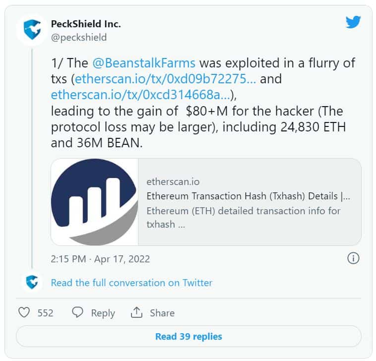 Attacker Steals $182 Million From Ethereum-based Beanstalk Stablecoin Protocol.
