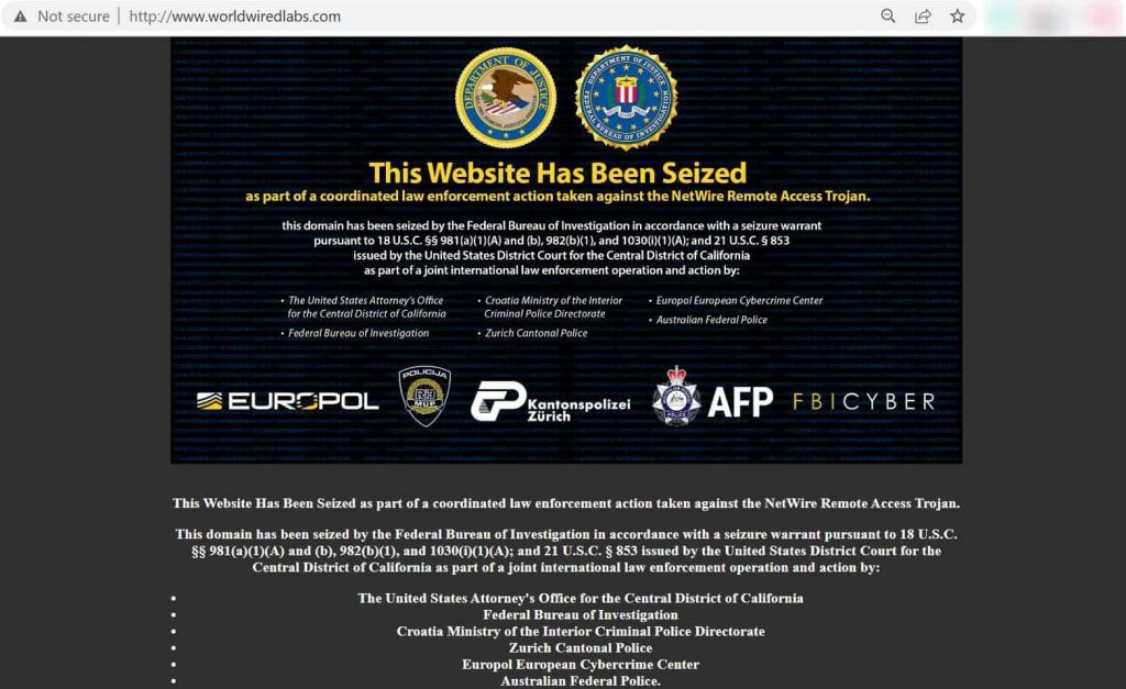 NetWire Malware Site and Server Seized, Admin Arrested