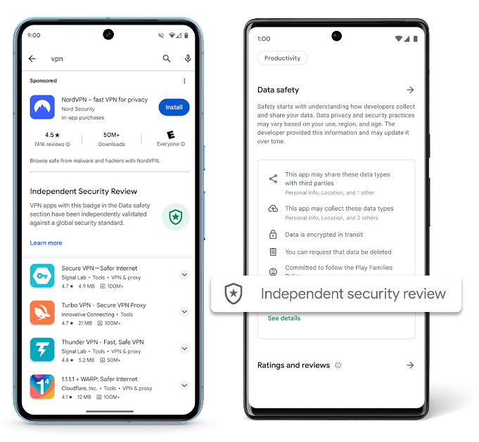 The new feature will add an Independent Security Review badge at the top of the Google Play search results page when users search for VPN apps. 