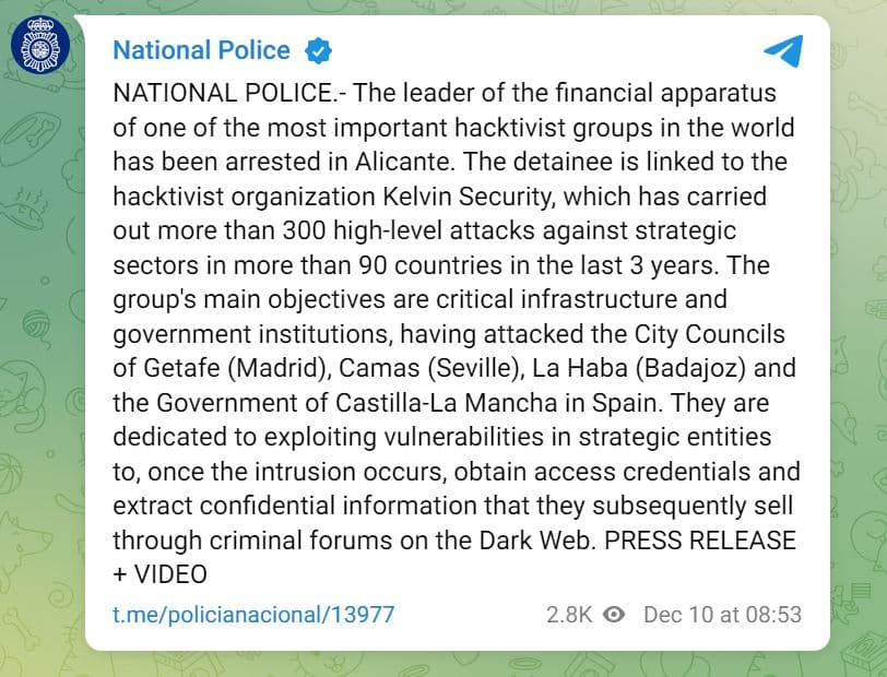 Leader of Kelvin Security Hacker Group Arrested in Spain