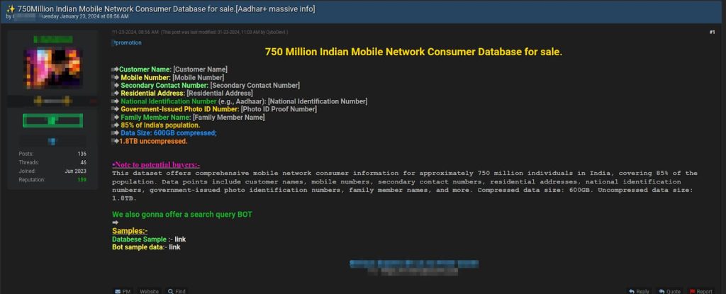 Hacker Selling Database of 750 Million Indian Mobile Network Consumers