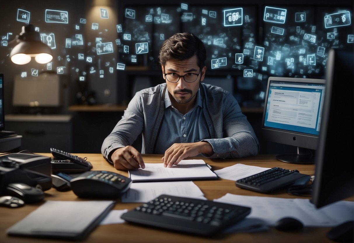 A person receiving a notification of identity theft, surrounded by various digital devices and paperwork, looking concerned and overwhelmed