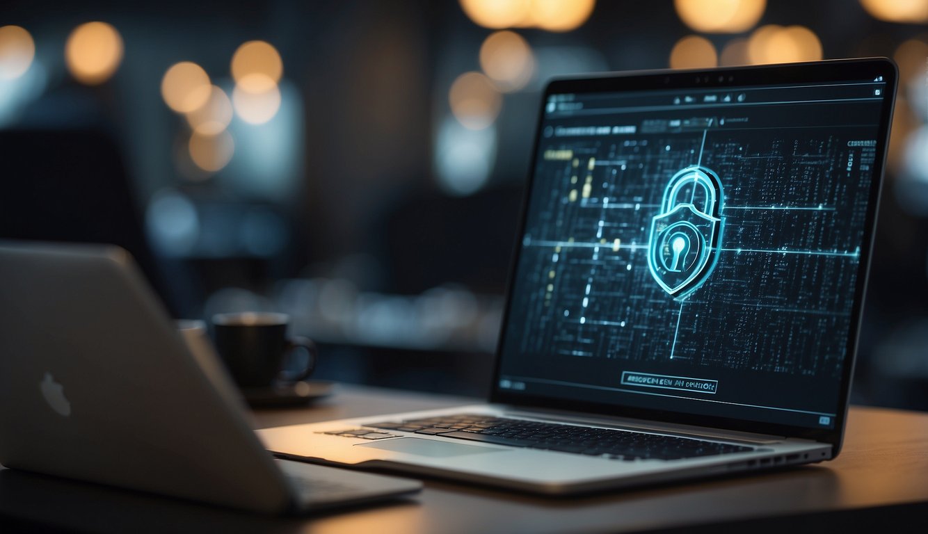 A small business owner studying a complex data security system with a laptop and lock icon