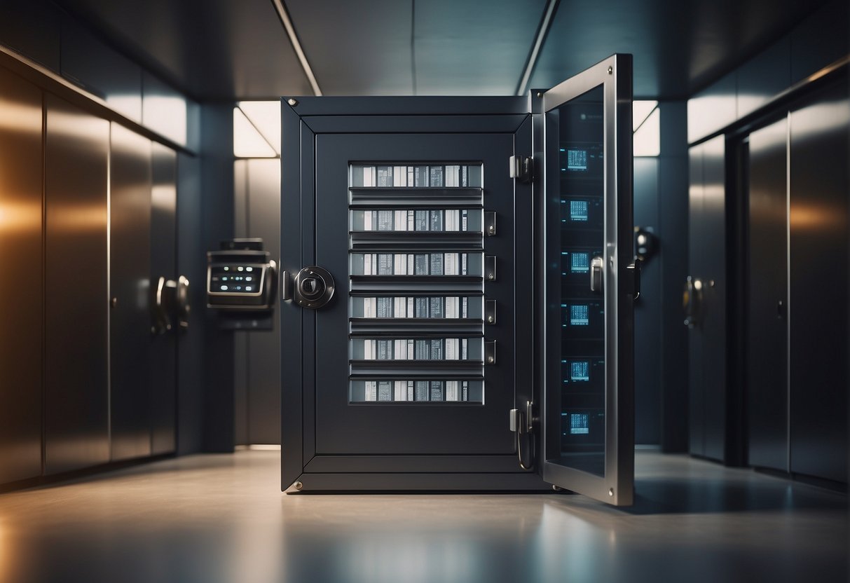 A secure digital vault with locked doors and fireproof walls, containing neatly organized digital files with encryption and backup systems in place