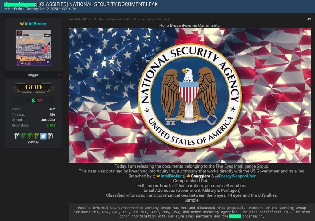 IntelBroker, ABD Yüklenici Acuity Inc.'e Bağlı olduğu İddia Edilen Ulusal Güvenlik Verilerini Sızdırdı